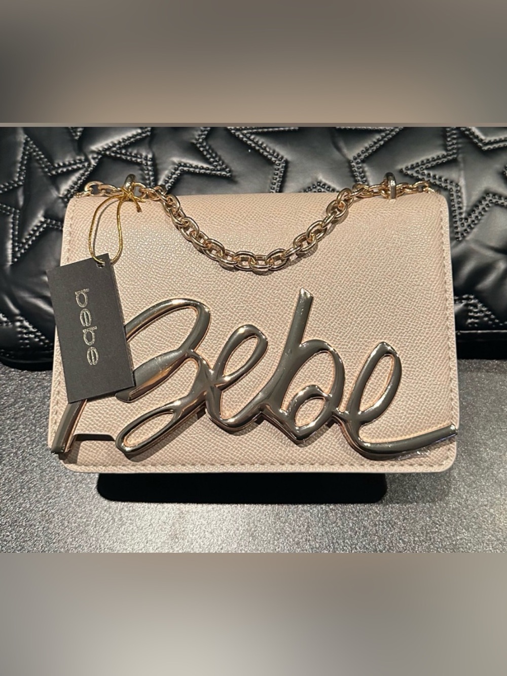 bebe Cream Shoulder Bag with Gold Script Logo Chain - Picture 3 of 3